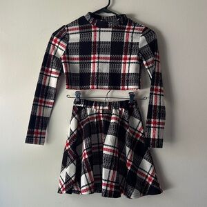 Plaid Long Sleeve Crop Top and Skirt Set